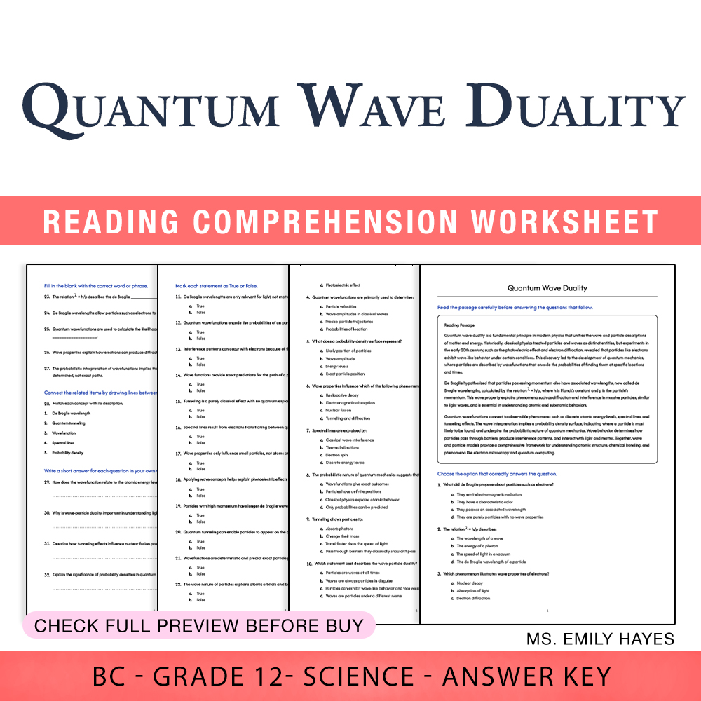 Grade 12 Science worksheet worksheet — Grade 12 Science | Quantum Wave Duality Worksheet (PDF+ Answer Key) — page 1