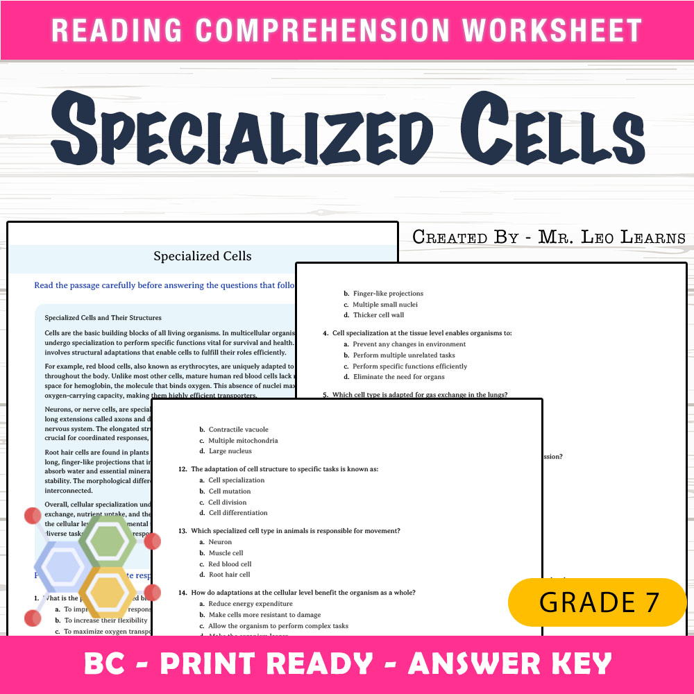Grade 7 Science worksheet mcq paper worksheet — Grade 7 Science — Specialized Cells Worksheet MCQ for Mastery — page 1