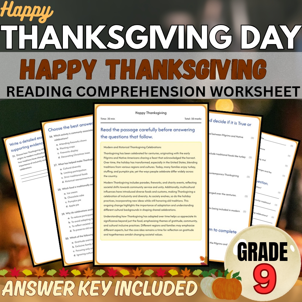Grade 9 Seasonal Holidays Worksheet Pack | Thanksgiving History (PDF+Answer Key) — included worksheet 3