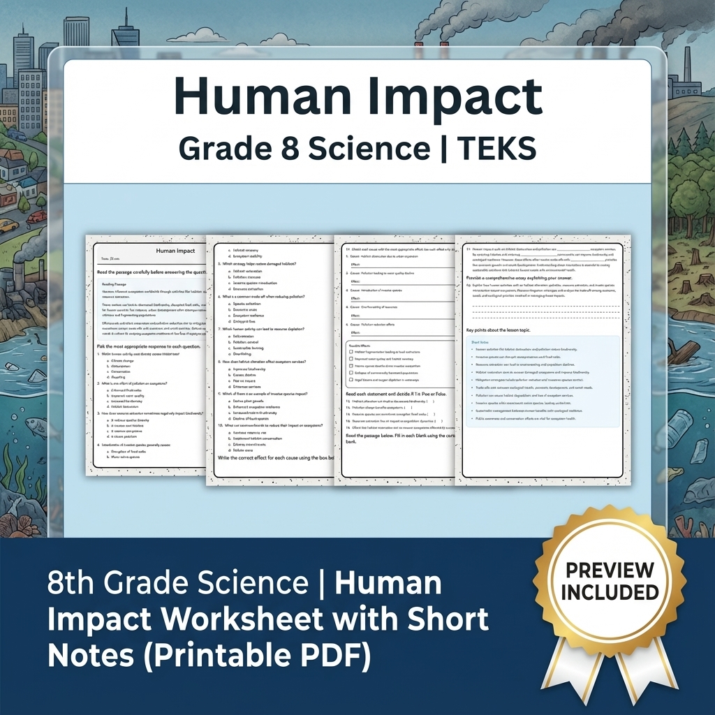 8th Grade Science | Human Impact Worksheet with Short Notes (Printable PDF)