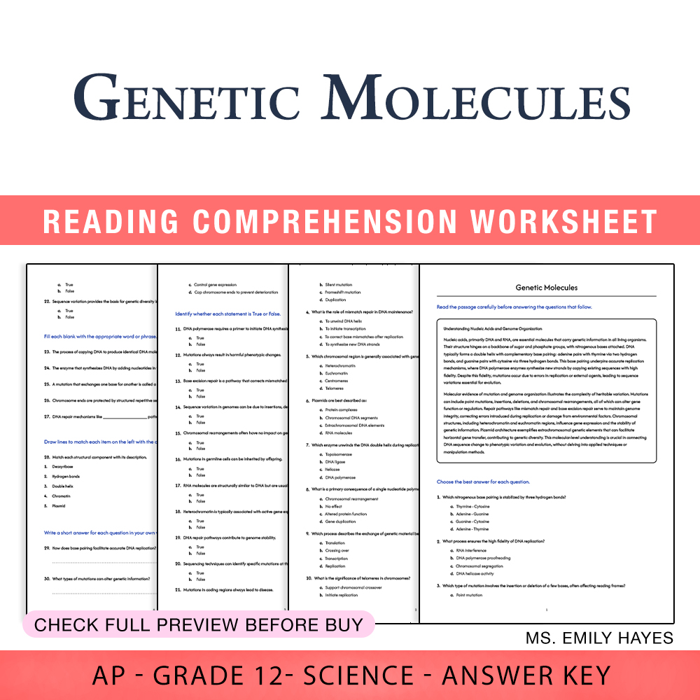 Grade 12 Science worksheet assessment worksheet — Grade 12 Science | Genetic Molecules Assessment Worksheet (PDF+ Answer K…