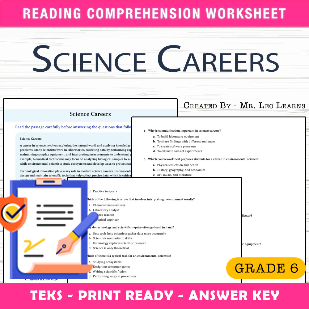 Grade 6 Science worksheet worksheet — Grade 6 Science — Science Careers Worksheet for Mastery — page 1