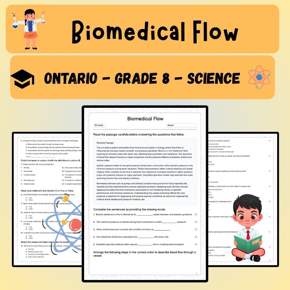 Grade 8 Science worksheet worksheet — Grade 8 Science | Biomedical Flow Worksheet (PDF) – Ontario Standards — page 1
