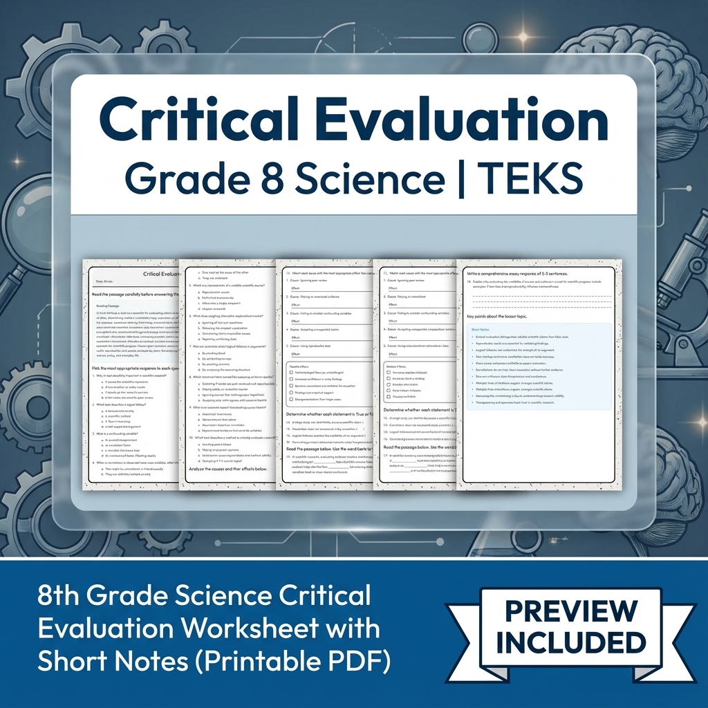8th Grade Science Critical Evaluation Worksheet with Short Notes (Printable PDF)