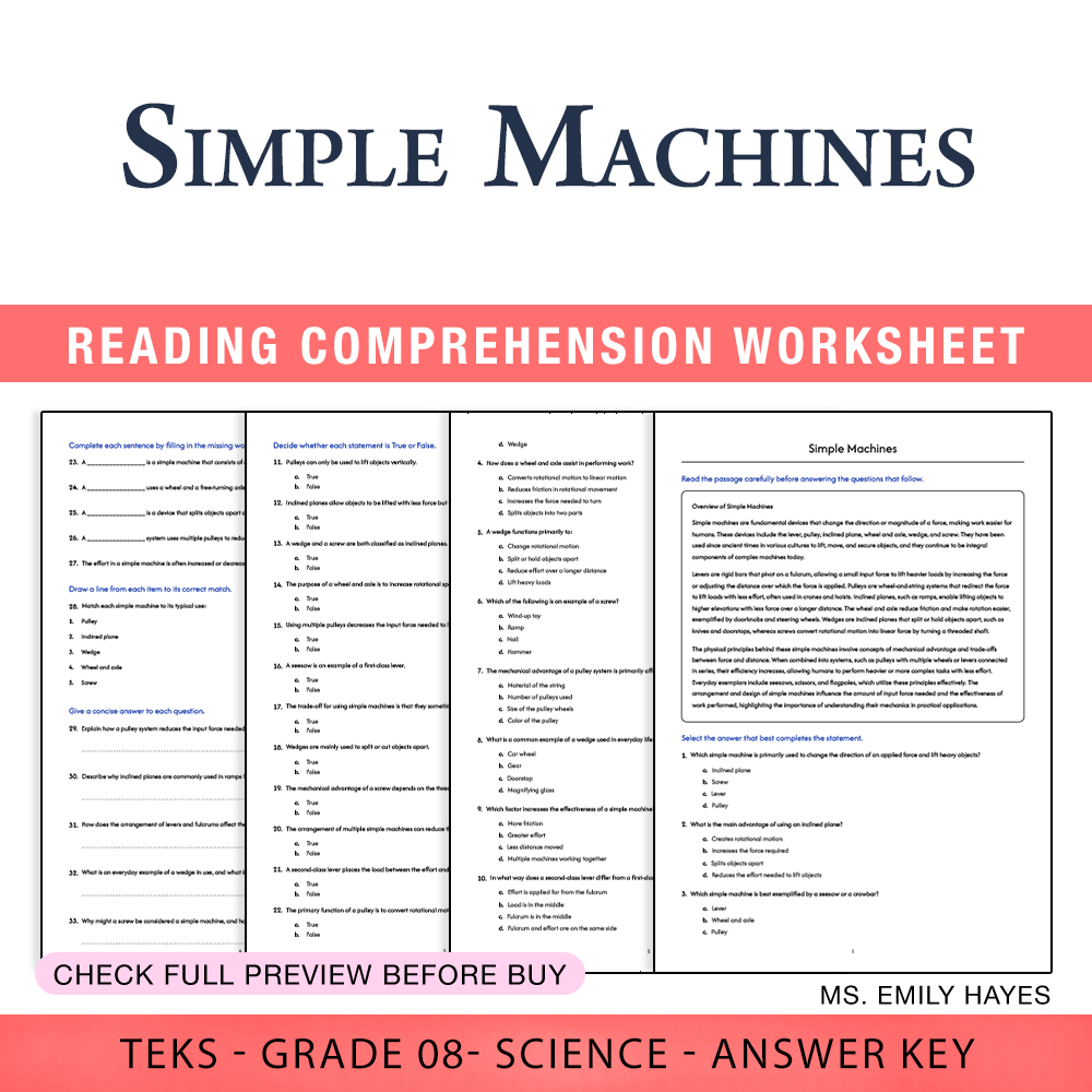 Grade 8 Science worksheet worksheet — 8th Grade Science | Simple Machines Worksheet (PDF+ Answer Key) — page 1