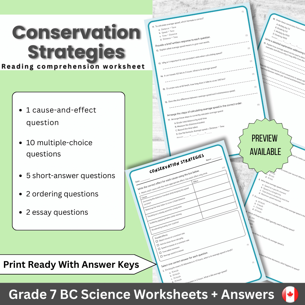 Grade 7 Science | Conservation Strategies Worksheet Aligned with BC Standards