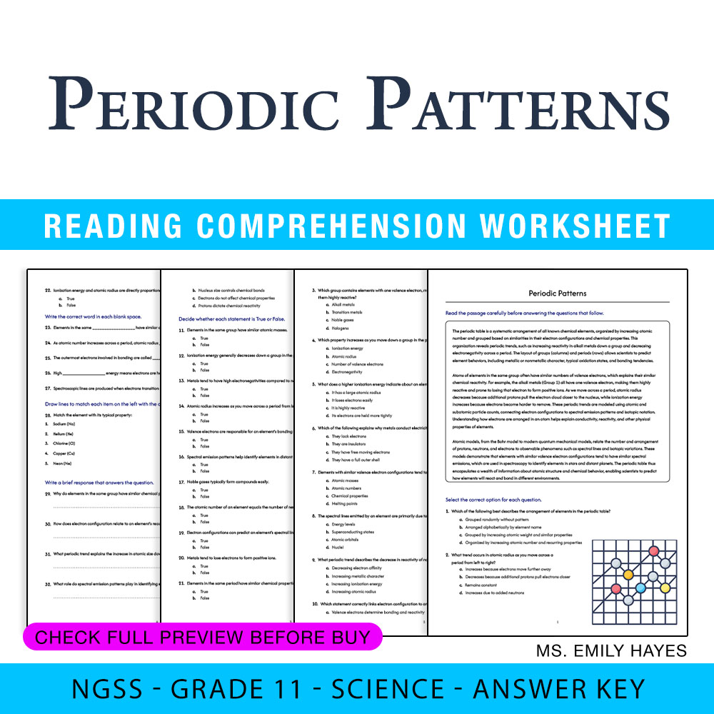 Grade 11 Science — worksheet — 11th Grade Science | Periodic Patterns Worksheet (PDF+ Answer Key) — page 1