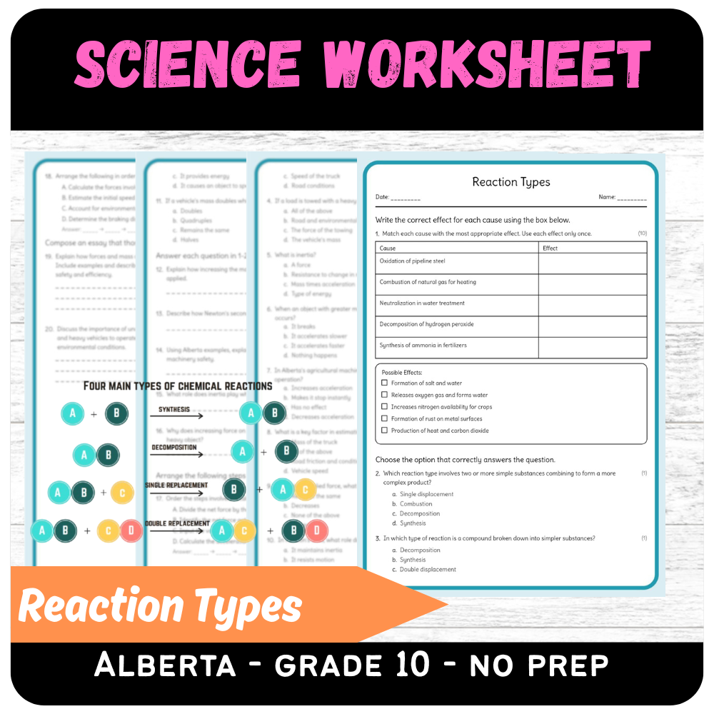 Grade 10 Science – Reaction Types Worksheet (PDF) – Alberta Standards