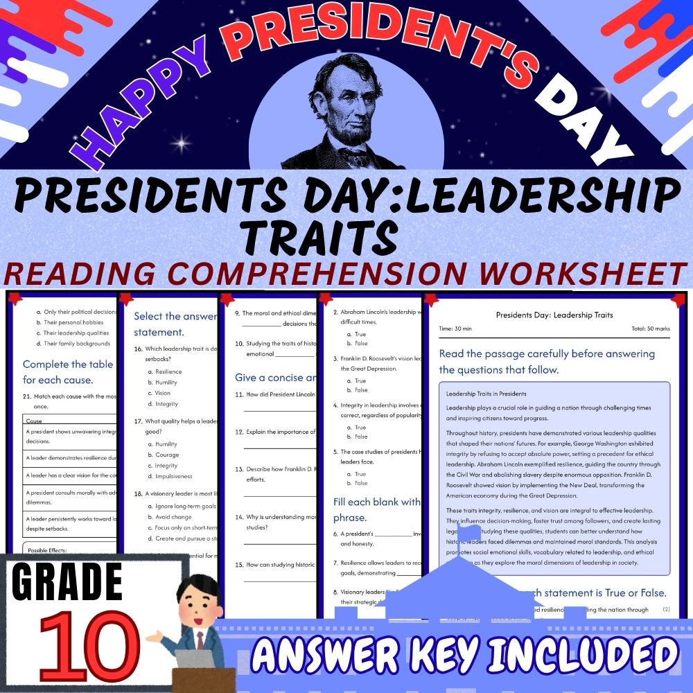 Grade 10 |Presidents Day: Leadership Traits Worksheet for Mastery|PDF+Answer Key