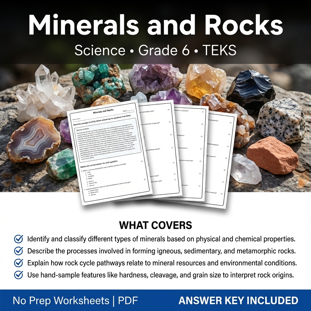 Grade 6 Science Worksheet on Minerals and Rocks | TEKS Aligned Assessment