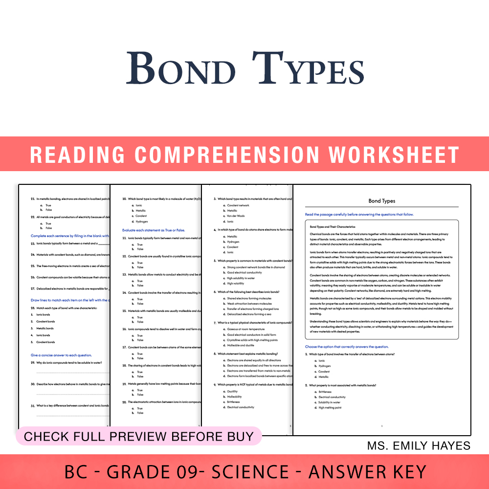 Grade 9 Science worksheet worksheet — 9th Grade Science | Bond Types Worksheet (PDF+ Answer Key) — page 1
