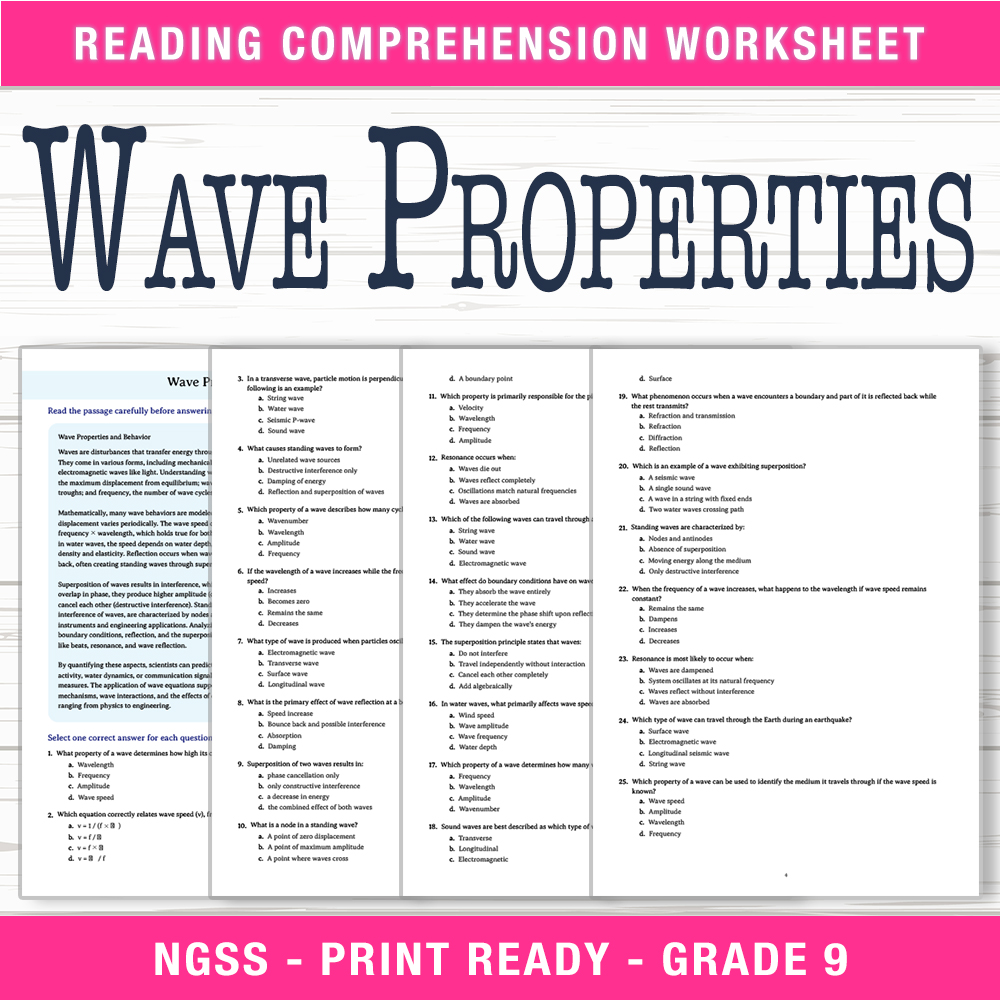 Grade 9 Science worksheet worksheet — Grade 9 Science | Wave Properties Worksheet (PDF + Answer Key) — page 1