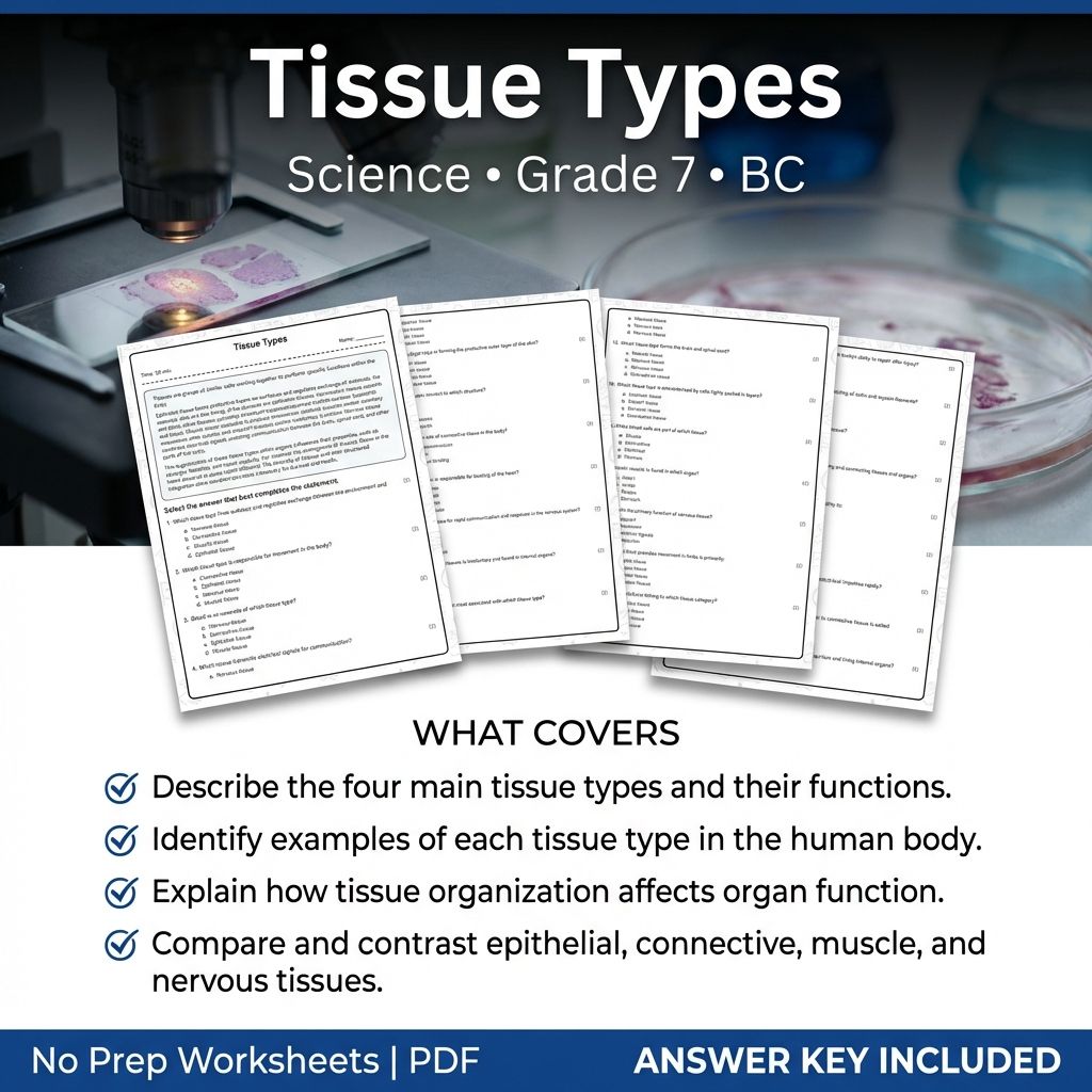 Grade 7 Science | Tissue Types Worksheet with PDF Answer Key and Rubric