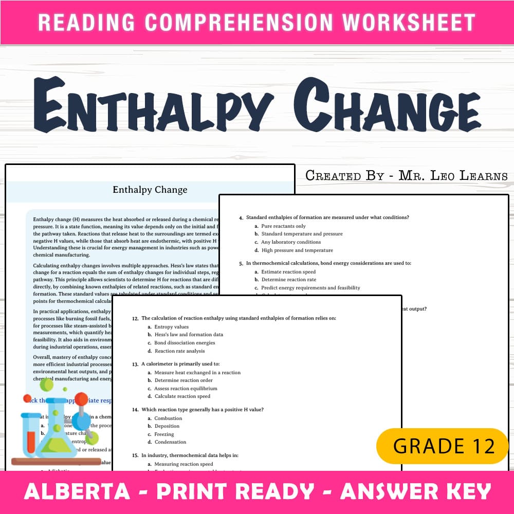 Grade 12 Science worksheet mcq paper worksheet — Grade 12 Science — Enthalpy Change Worksheet MCQ Paper — page 1