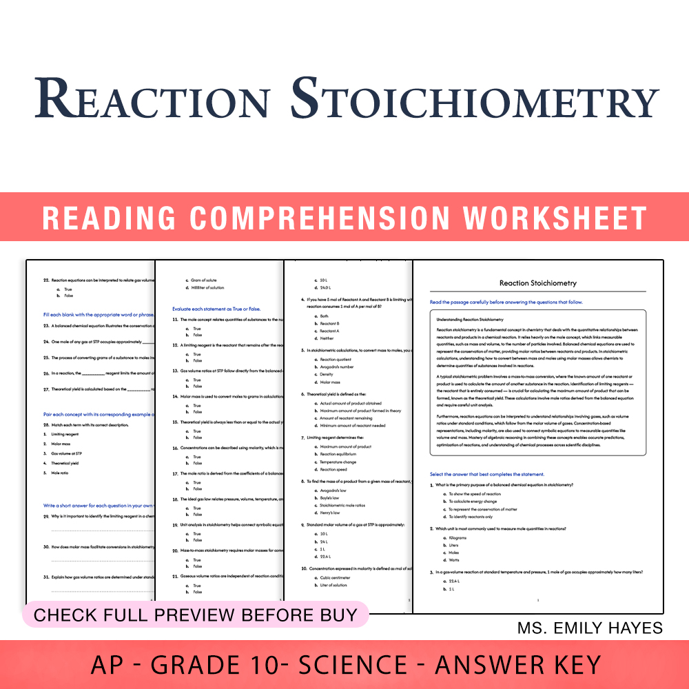 Grade 10 Science worksheet worksheet — 10th Grade Science | Reaction Stoichiometry Worksheet (PDF+ Answer Key) — page 1