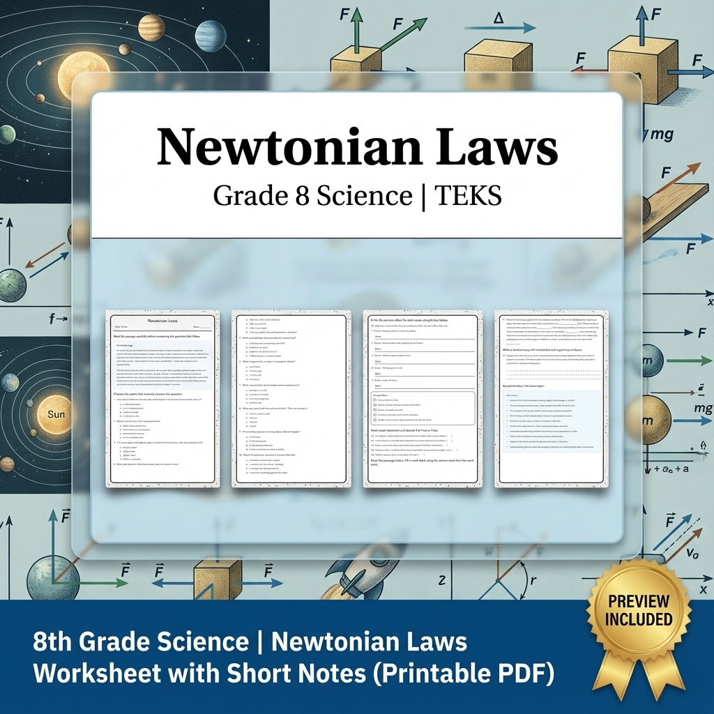 8th Grade Science | Newtonian Laws Worksheet with Short Notes (Printable PDF)