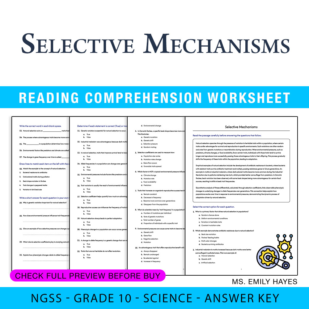 Grade 10 Science worksheet — 10th Grade Science | Selective Mechanisms Worksheet (PDF + Answer Key) — page 1