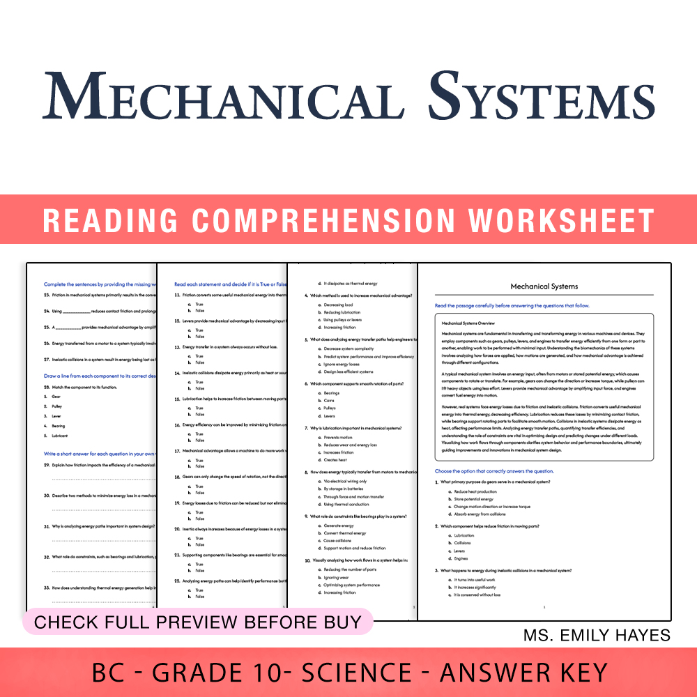 Grade 10 Science worksheet worksheet — 10th Grade Science | Mechanical Systems Worksheet (PDF + Answer Key) — page 1