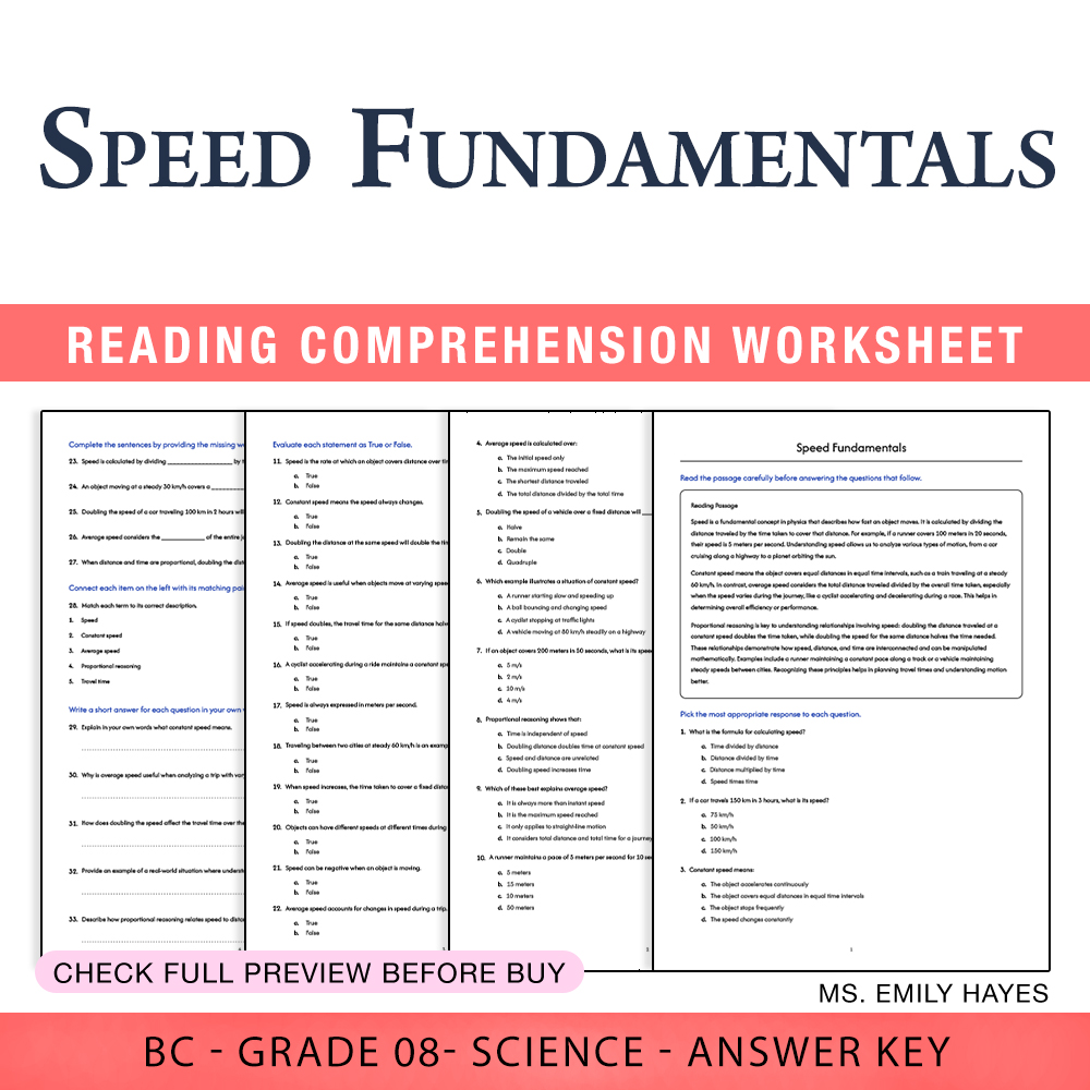 Grade 8 Science worksheet worksheet — Grade 8 Science | Speed Fundamentals Worksheet (PDF + Answer Key) — page 1