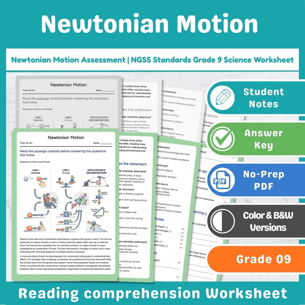 Newtonian Motion Assessment | NGSS Standards Grade 9 Science Worksheet