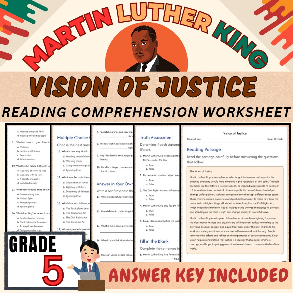 Grade 5 | Martin Luther King Worksheet for Understanding Justice |PDF+Answer Key
