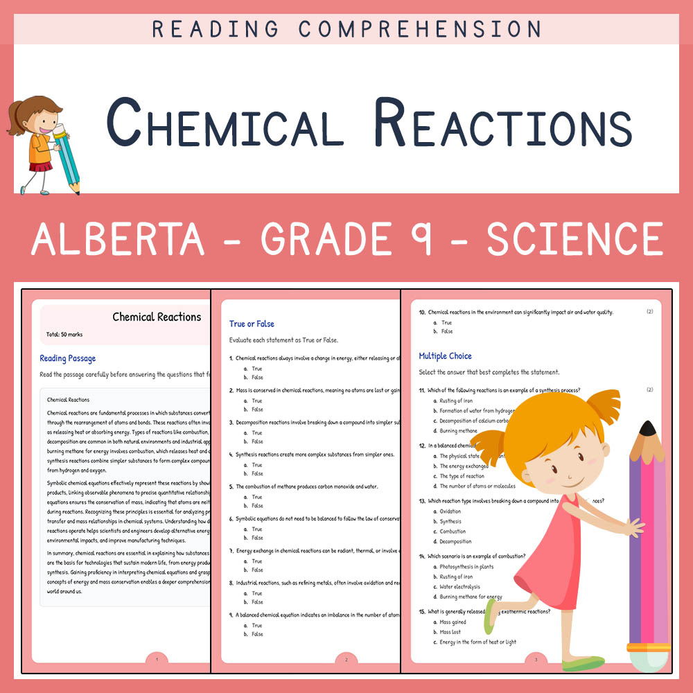 Grade 9 Science worksheet elena worksheet — Grade 9 Science | Chemical Reactions Worksheet | Alberta Standards — page 1