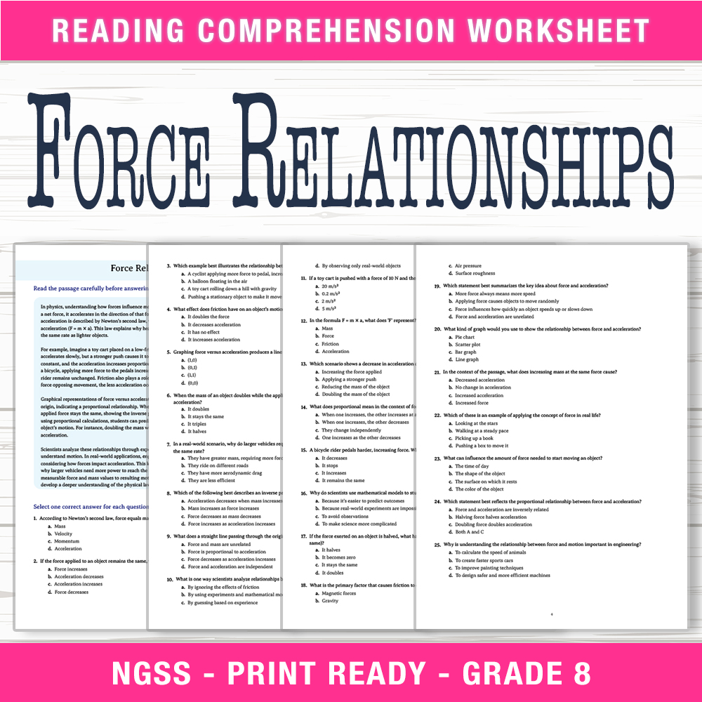 Grade 8 Science worksheet worksheet — Grade 8 Science – Force Relationships Worksheet (PDF + Answer Key) — page 1