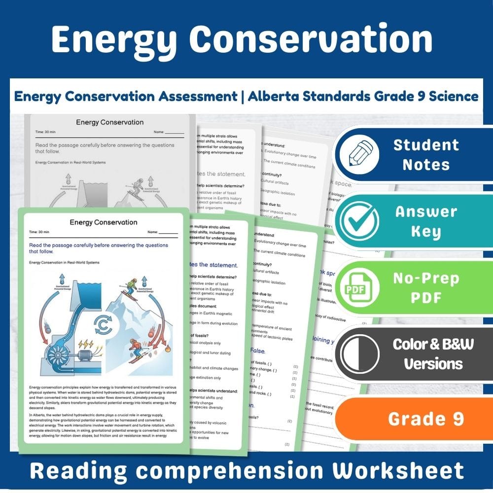 Grade 9 Science assessment worksheet — Energy Conservation Assessment | Alberta Standards Grade 9 Science — page 1