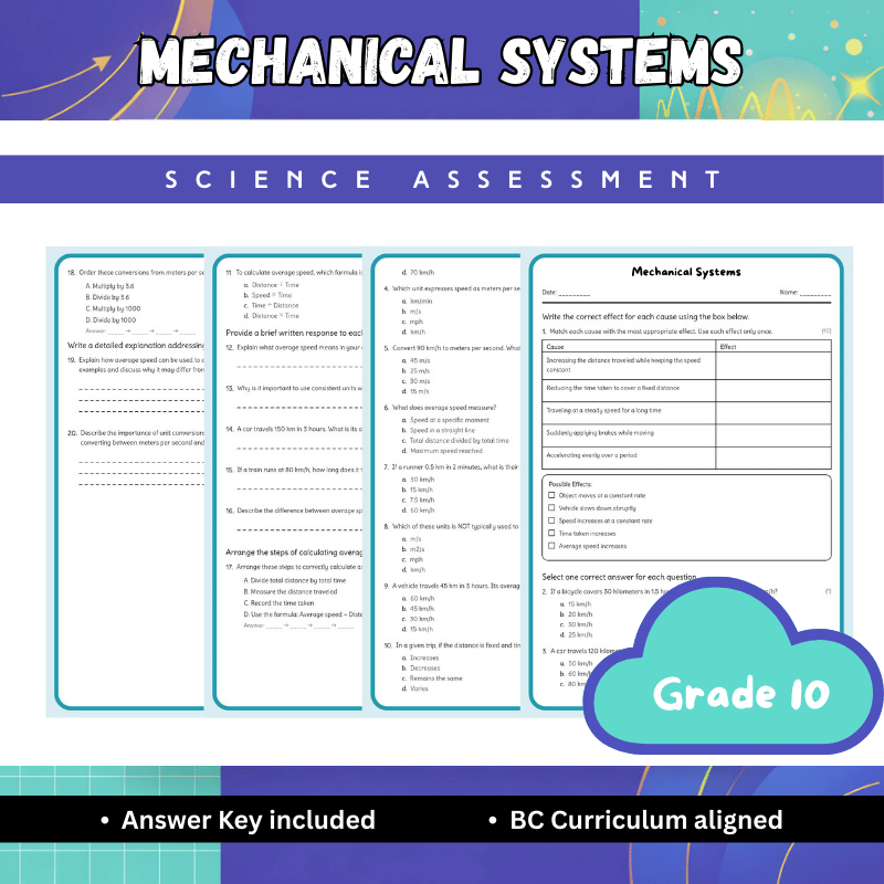 Grade 10 Science | Mechanical Systems Worksheet  + Answer Key | BC Standard