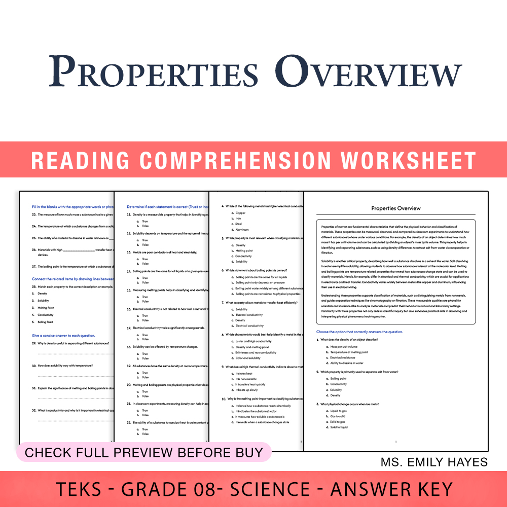 Grade 8 Science worksheet worksheet — 8th Grade Science | Properties Overview Worksheet (PDF+ Answer Key) — page 1