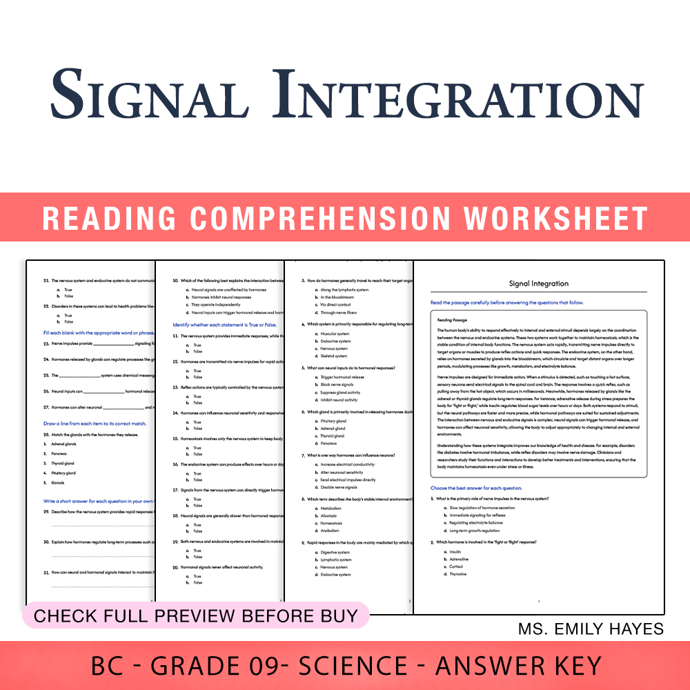 Grade 9 Science worksheet worksheet — Grade 9 Science | Signal Integration Worksheet (PDF+ Answer Key) — page 1