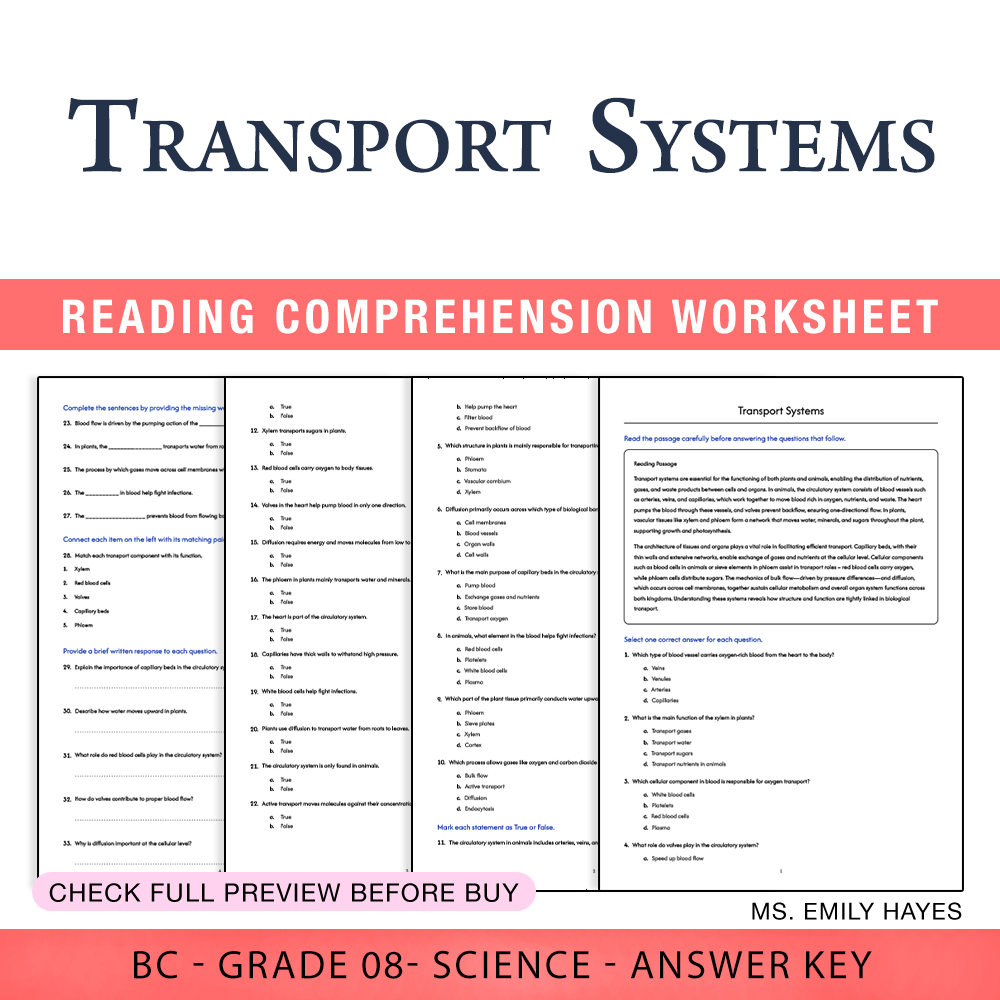 Grade 8 Science worksheet worksheet — Grade 8 Science | Transport Systems Worksheet (PDF+ Answer Key) — page 1