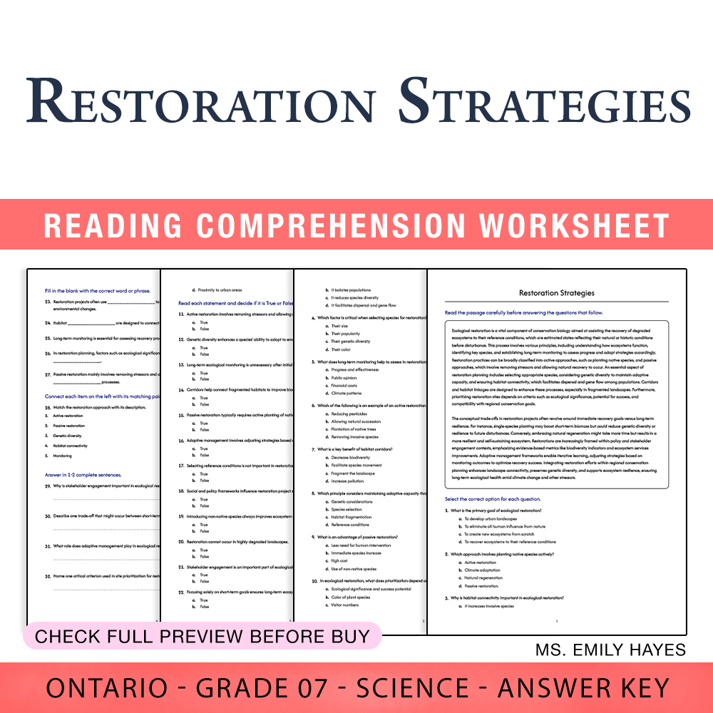 Grade 7 Science worksheet worksheet — 7th Grade Science | Restoration Strategies Worksheet (PDF+ Answer Key) — page 1