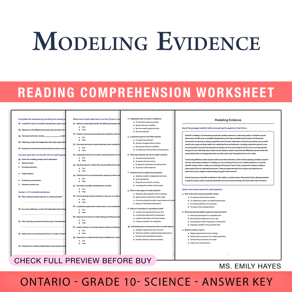 Grade 10 Science worksheet worksheet — 10th Grade Science | Modeling Evidence Worksheet (PDF + Answer Key) — page 1
