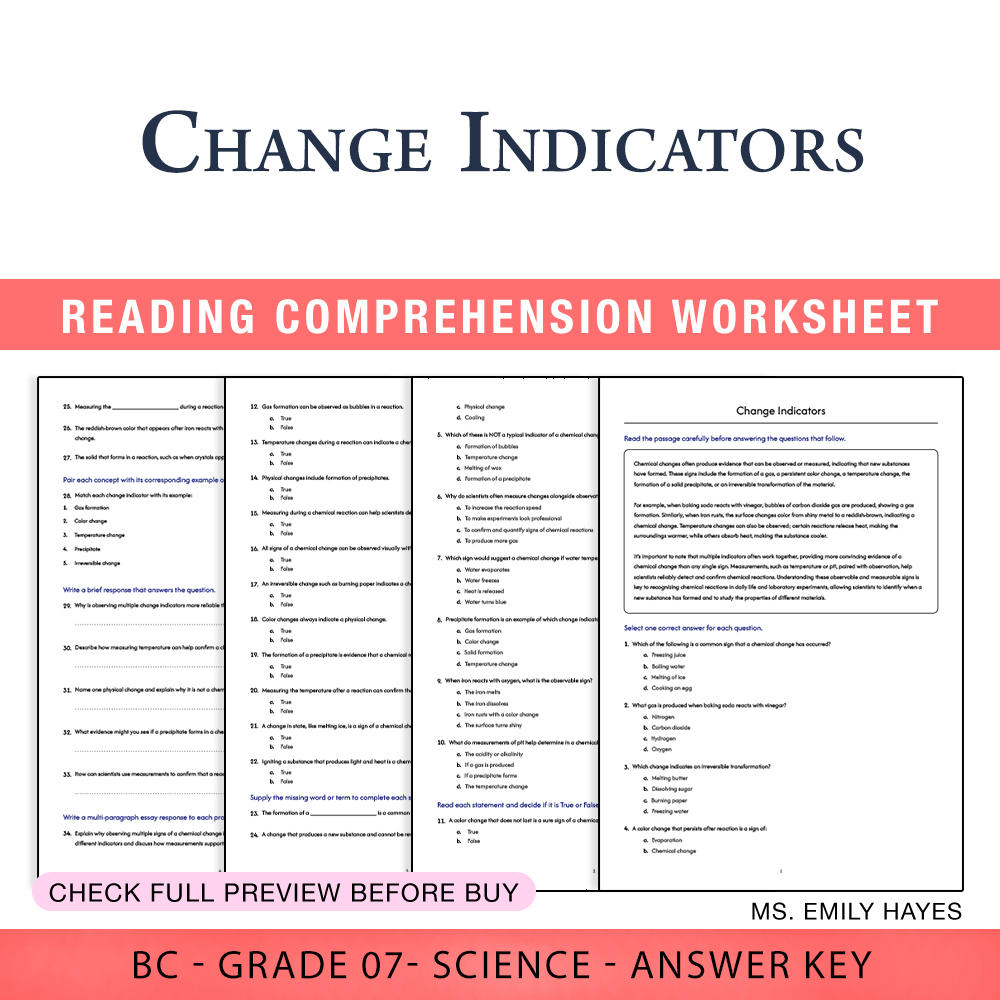 Grade 7 Science — worksheet — 7th Grade Science | Change Indicators Worksheet (PDF+ Answer Key) — page 1