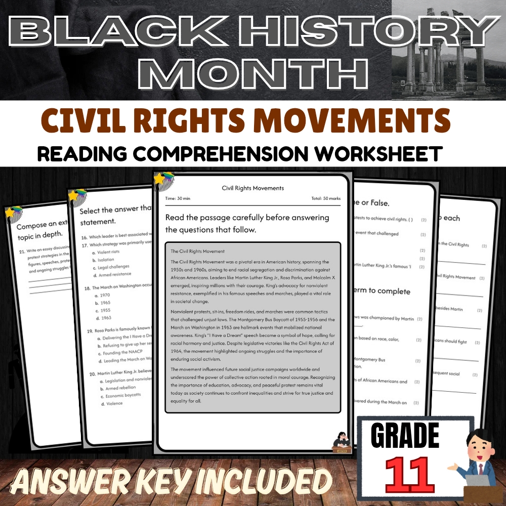 Grade 11 Holiday black history month worksheet — Grade 11 Black history month for Mastering Civil Rights Movements|PDF+Ans…