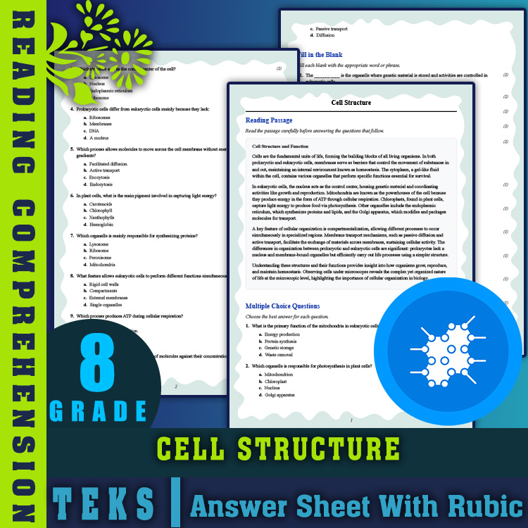 Grade 8 Science reading worksheets worksheet — Grade 8 Science | Cell Structure Reading Worksheet (PDF + Rubric) — page 1