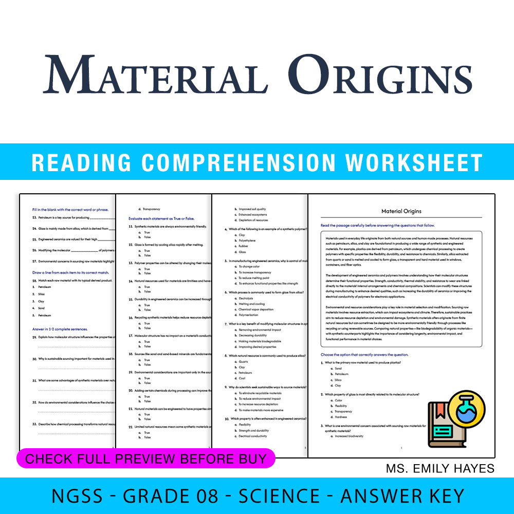 Grade 8 Science worksheet — 8th Grade Science | Material Origins Worksheet (PDF+ Answer Key) — page 1