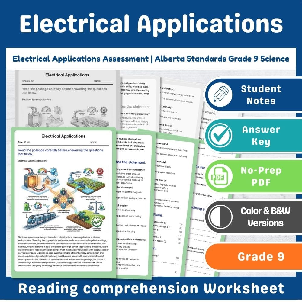 Grade 9 Science assessment worksheet — Electrical Applications Assessment | Alberta Standards Grade 9 Science — page 1