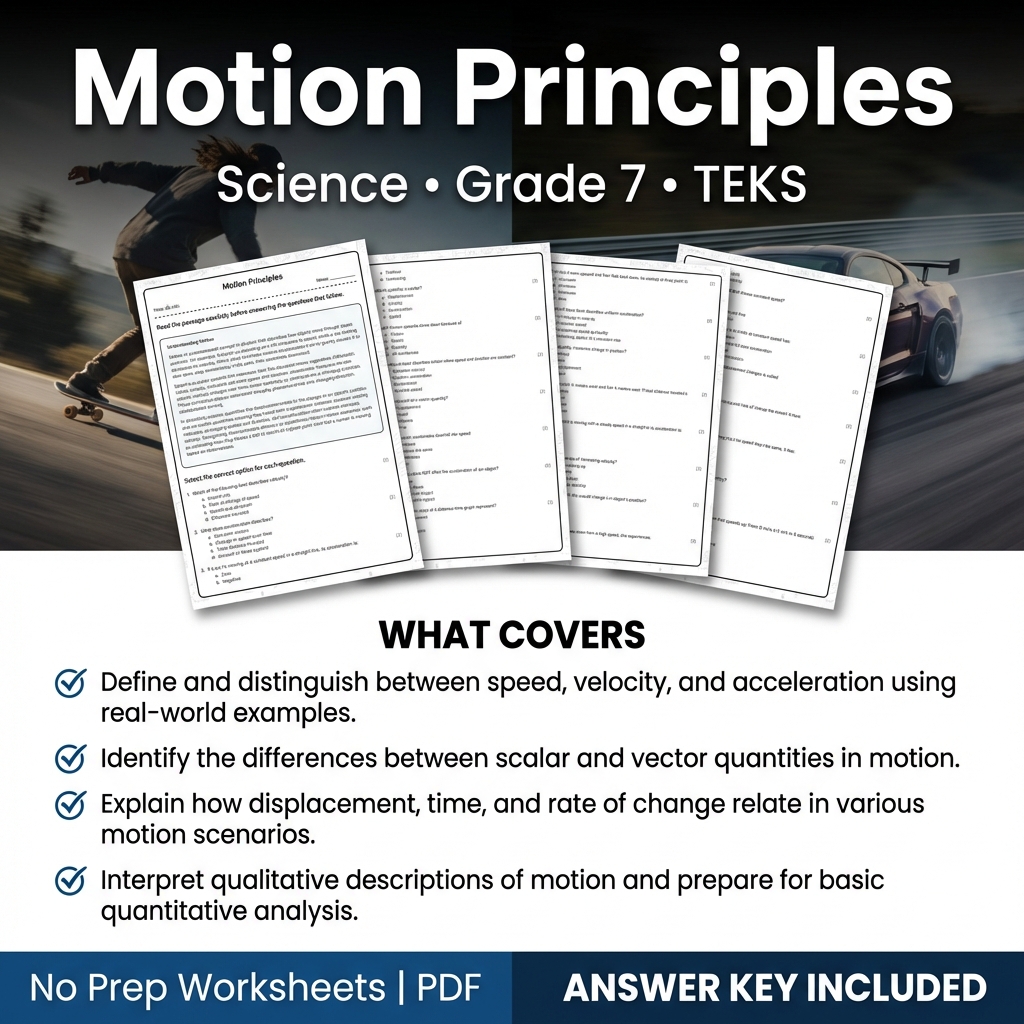 Grade 7 Science Worksheet on Motion Principles | TEKS Aligned