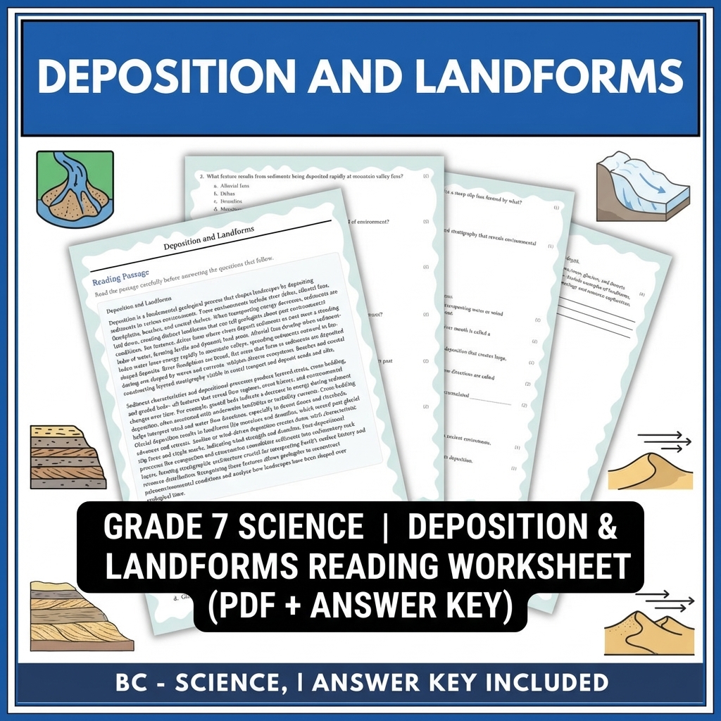Grade 7 Science | Deposition & Landforms Reading Worksheet (PDF + Answer Key)