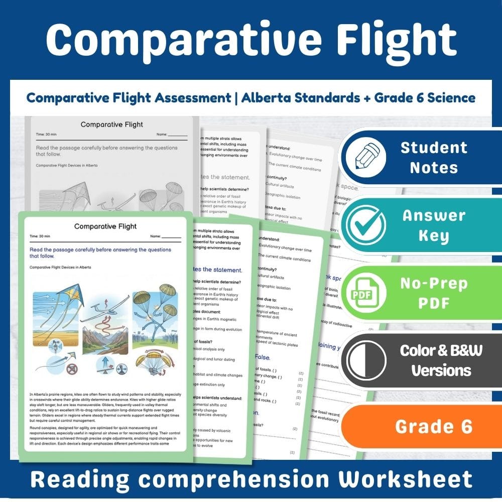 Grade 6 Science assessment worksheet — Comparative Flight Assessment | Alberta Standards + Grade 6 Science — page 1