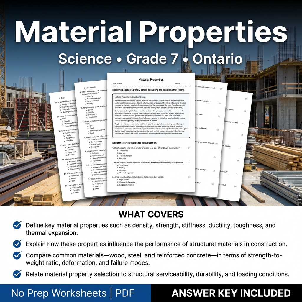 Material Properties Worksheet for Grade 7 Science | Ontario Standard Practice