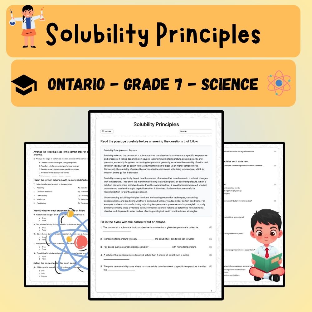 Grade 7 Science worksheet worksheet — Grade 7 Science – Solubility Principles Worksheet (PDF ) – Ontario Standards — page 1