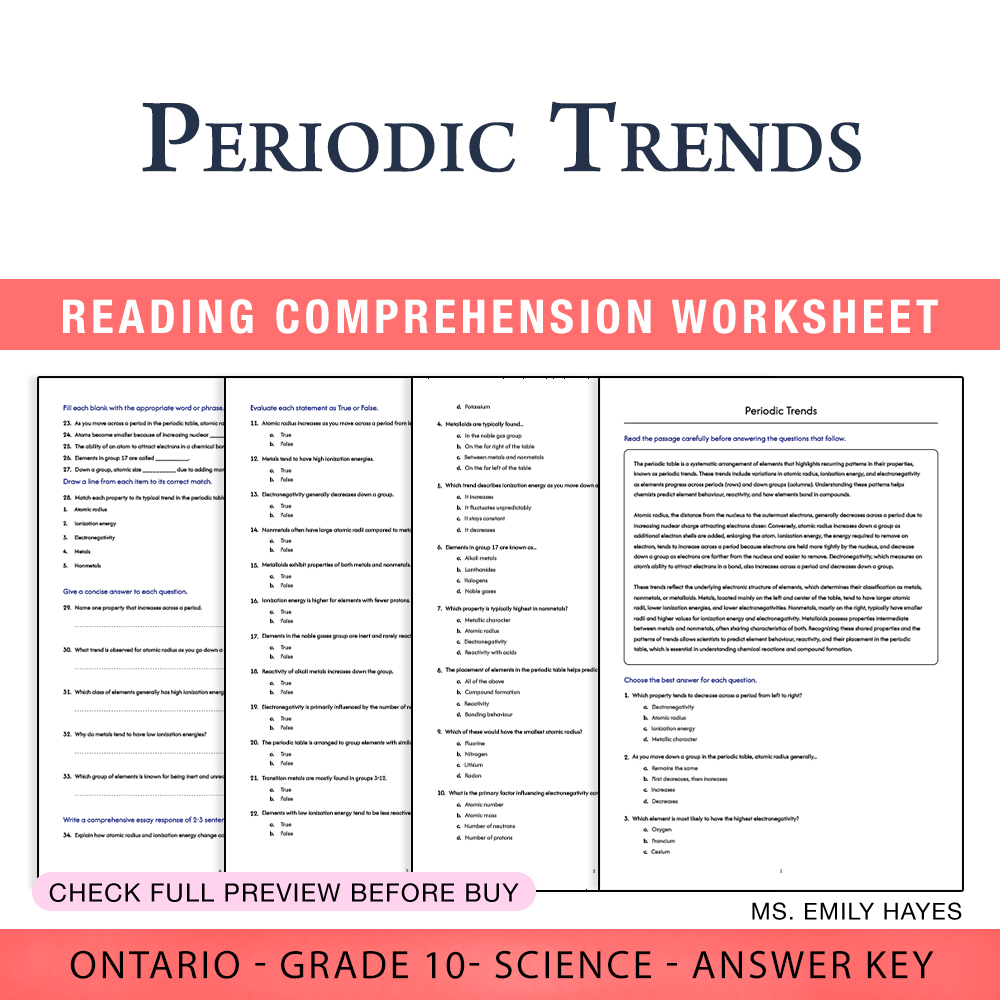Grade 10 Science worksheet worksheet — 10th Grade Science | Periodic Trends Worksheet (PDF + Answer Key) — page 1