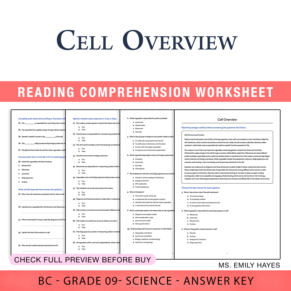 Grade 9 Science worksheet worksheet — Grade 9 Science | Cell Overview Worksheet (PDF+ Answer Key) — page 1