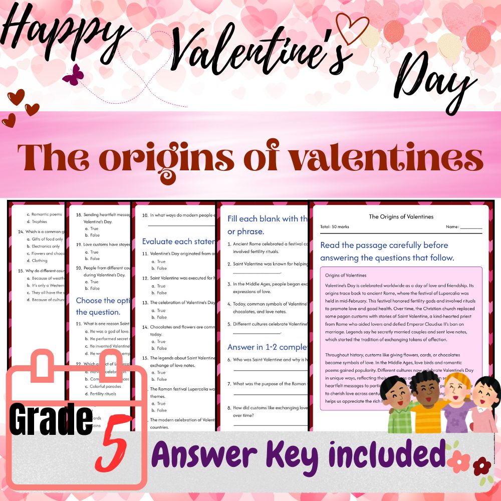Grade 5 Seasonal Studying Bundle|Valentine's Day Symbols & Traditions Worksheets — included worksheet 4