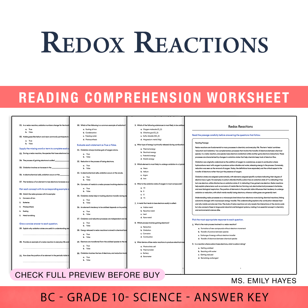 Grade 10 Science worksheet worksheet — Grade 10 Science | Redox Reactions Worksheet (PDF + Answer Key) — page 1