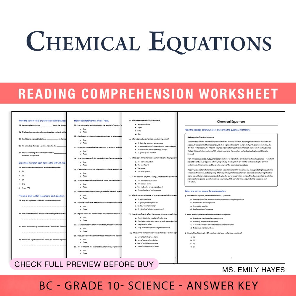 Grade 10 Science worksheet worksheet — 10th Grade Science | Chemical Equations Worksheet (PDF + Answer Key) — page 1