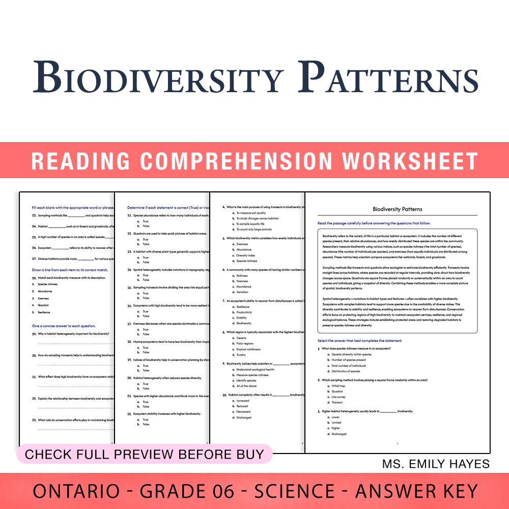 Grade 6 Science worksheet worksheet — 6th Grade Science | Biodiversity Patterns Worksheet (PDF+ Answer Key) — page 1